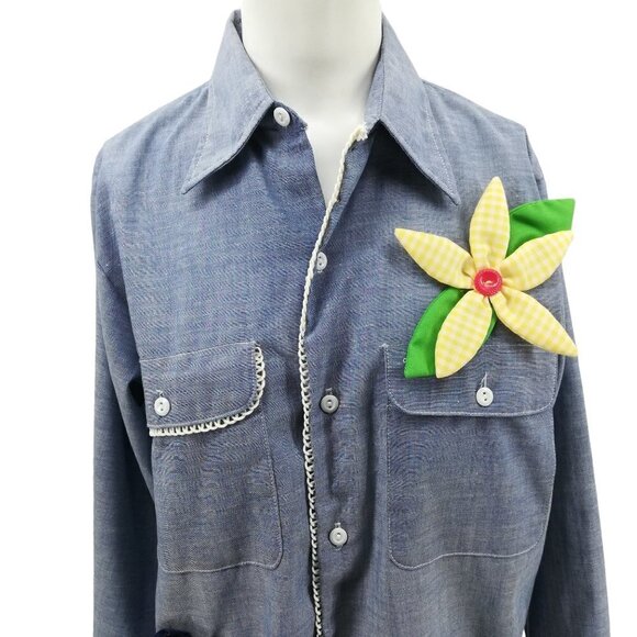 Vintage Applique Flower Chambray Button Front Shirt Size Mens Small Womens M/L - Picture 7 of 15